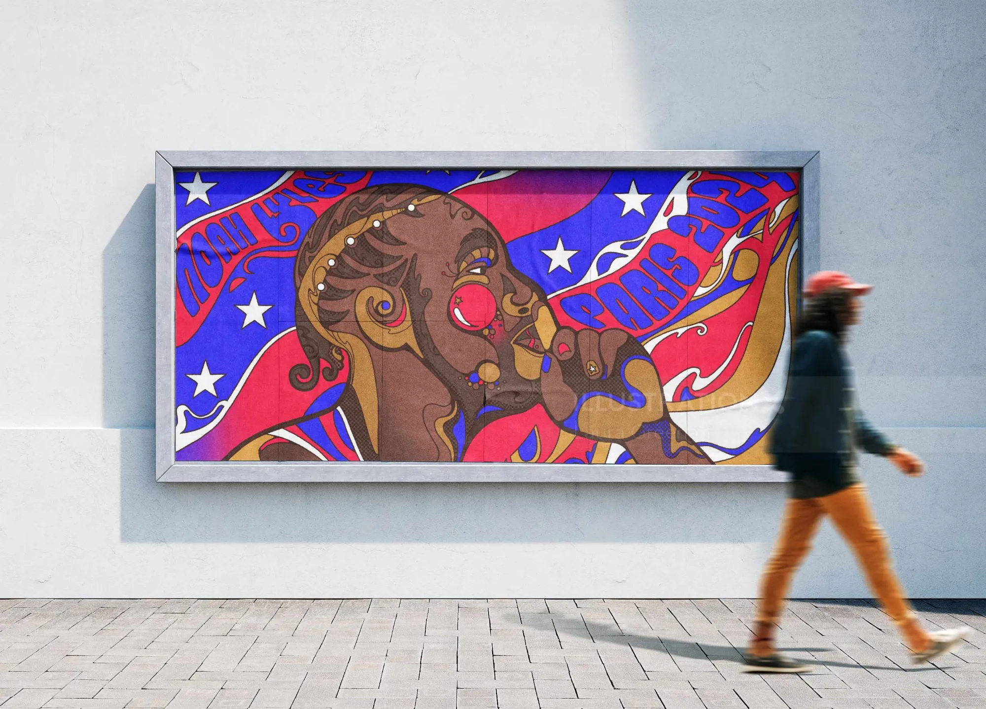 Portrait psychédélique du sprinter olympique Noah Lyles en rouge, blanc et bleu par Laura Greenan