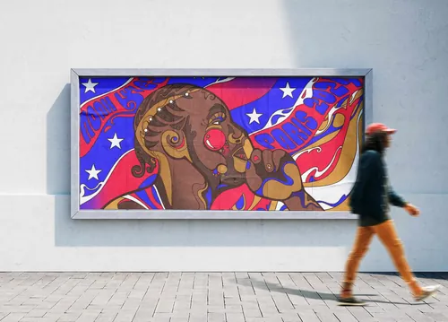 Psychedelic portrait of Olympic sprinter Noah Lyles in red, white, and blue by Laura Greenan