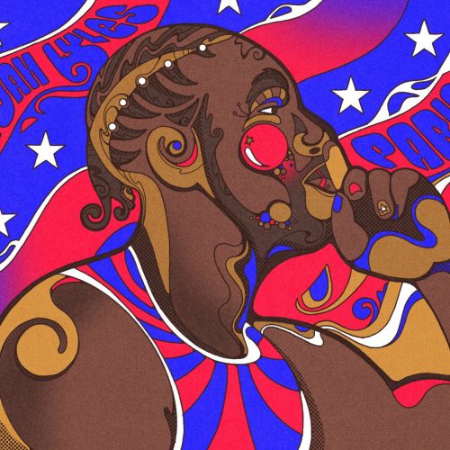 Psychedelic portrait of athlete Noah Lyles with USA flag background
