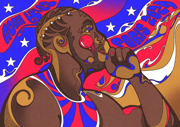 Psychedelic portrait of athlete Noah Lyles with USA flag background