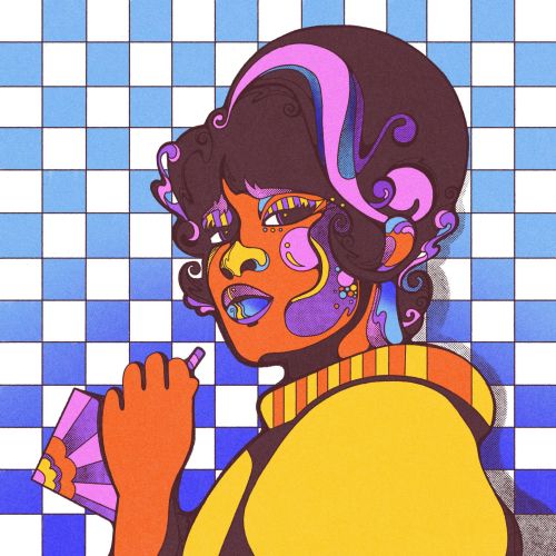 Psychedelic portrait of woman with beehive hair and vibrant checkerboard background