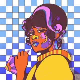 Psychedelic portrait of woman with beehive hair and vibrant checkerboard background