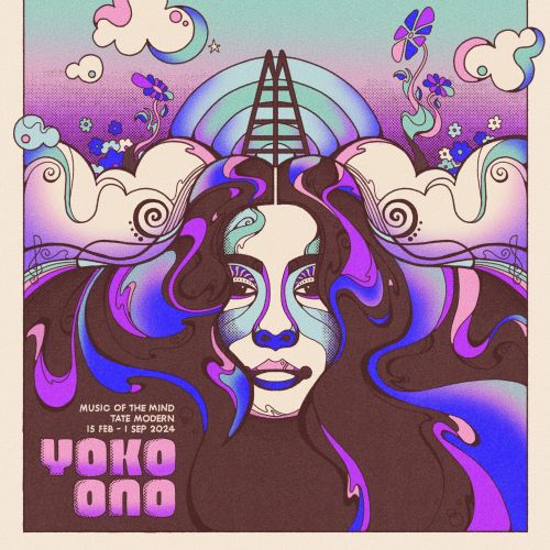 Psychedelic portrait of Yoko Ono with clouds, flowers, and space elements