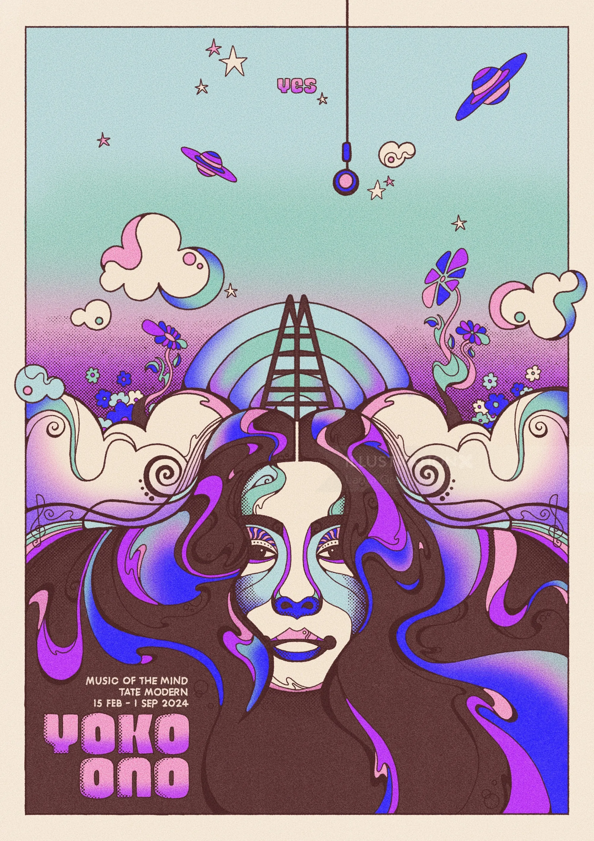 Psychedelisches Porträt von Yoko Ono mit Wolken, Blumen und Weltraumelementen