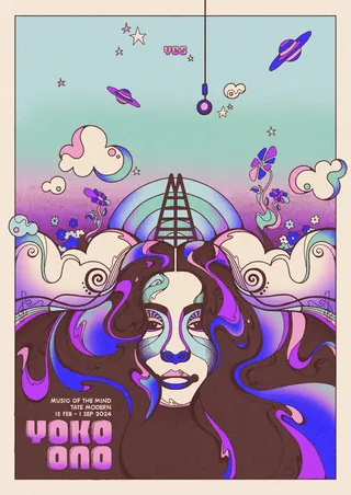 Psychedelic portrait of Yoko Ono with clouds, flowers, and space elements