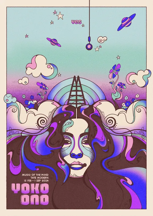 Psychedelic portrait of Yoko Ono with clouds, flowers, and space elements