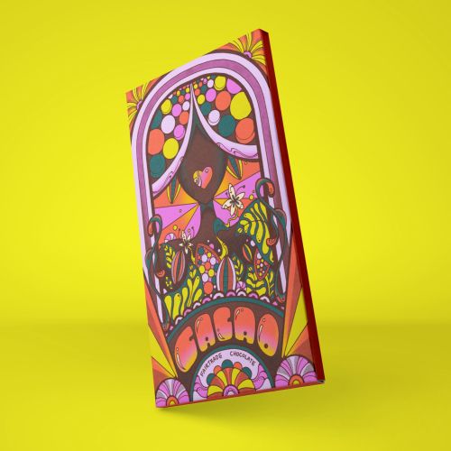 Colorful psychedelic chocolate packaging with tropical female portrait