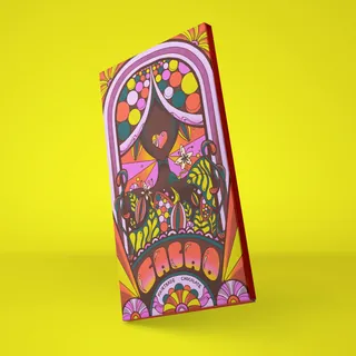 Colorful psychedelic chocolate packaging with tropical female portrait