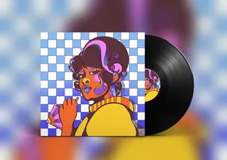 Psychedelic portrait of woman with beehive hair and checkerboard background