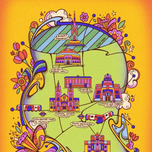 Colorful illustrated South Kensington map with landmarks and floral designs