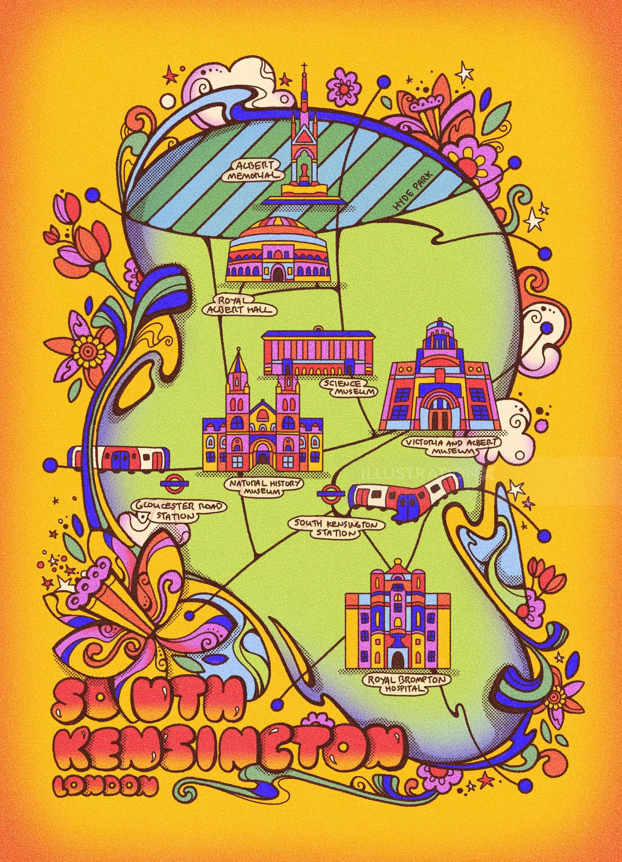 Colorful illustrated South Kensington map with landmarks and floral designs