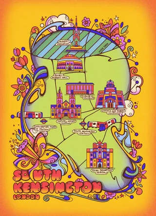 Colorful illustrated South Kensington map with landmarks and floral designs