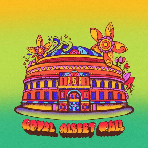 Colorful illustrated Royal Albert Hall with flowers and retro typography