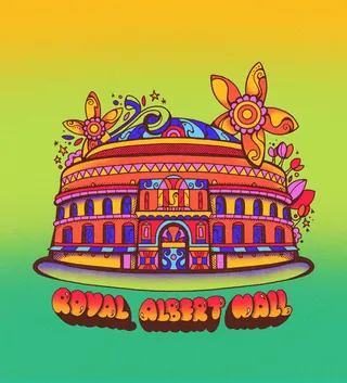 Colorful illustrated Royal Albert Hall with flowers and retro typography