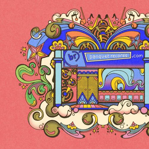 Colorful psychedelic illustration of Banquet Records music store with stars and clouds