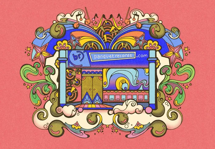 Colorful psychedelic illustration of Banquet Records music store with stars and clouds