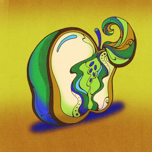 Psychedelic colorful apple half with swirling patterns inside
