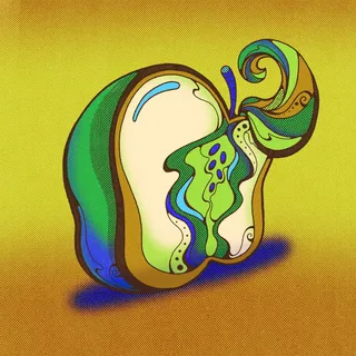 Psychedelic colorful apple half with swirling patterns inside