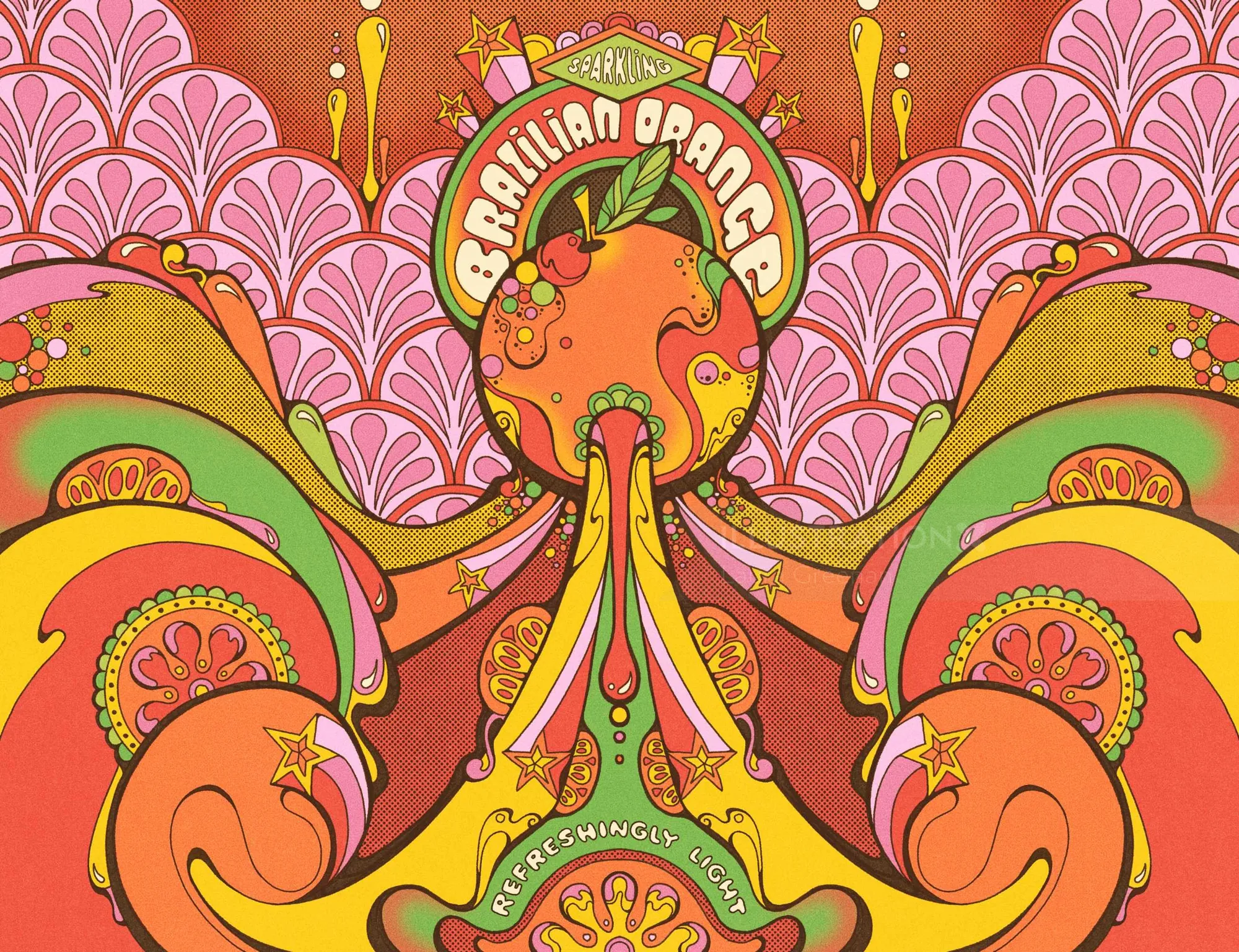 Colorful psychedelic artwork with Brazilian orange and decorative patterns by Laura Greenan