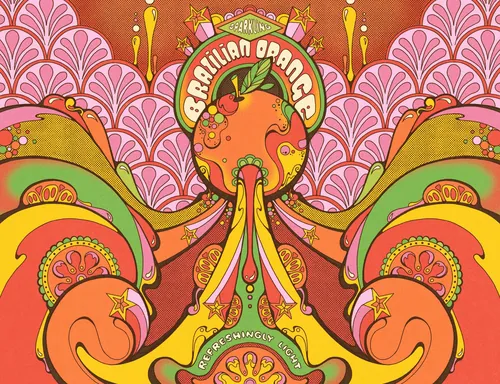 Colorful psychedelic artwork with Brazilian orange and decorative patterns by Laura Greenan