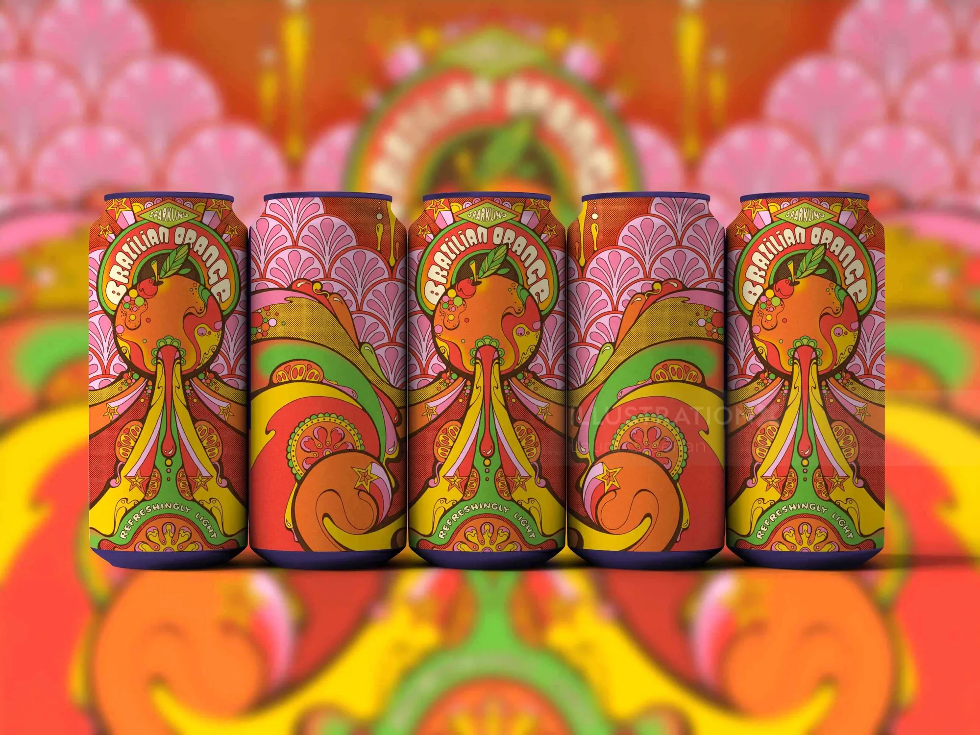 Diseño de lata de bebida de naranja brasileña psicodélica por Laura Greenan