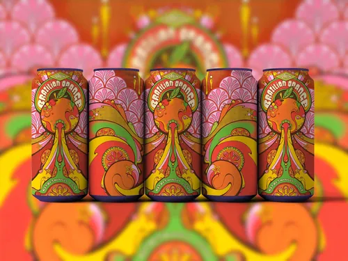 Psychedelic Brazilian Orange drink can design by Laura Greenan