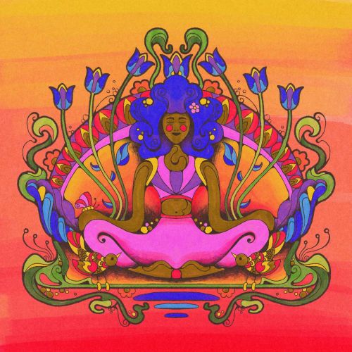 Colorful psychedelic illustration of a woman meditating with flowers