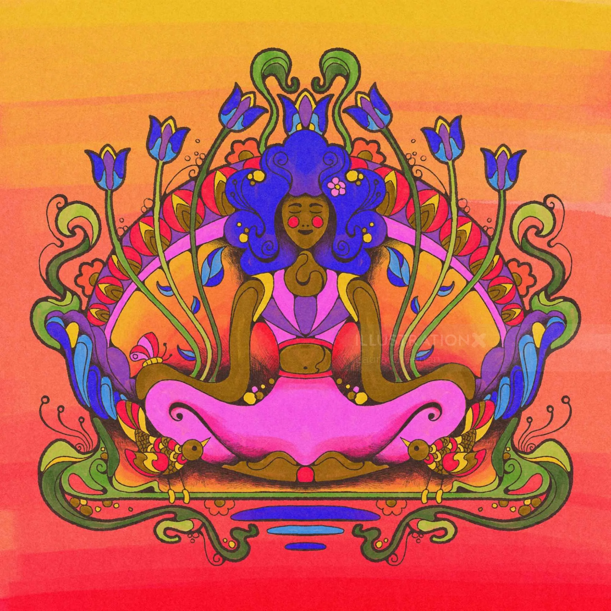Colorful psychedelic illustration of a woman meditating with flowers