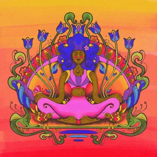 Colorful psychedelic illustration of a woman meditating with flowers