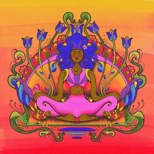 Colorful psychedelic illustration of a woman meditating with flowers