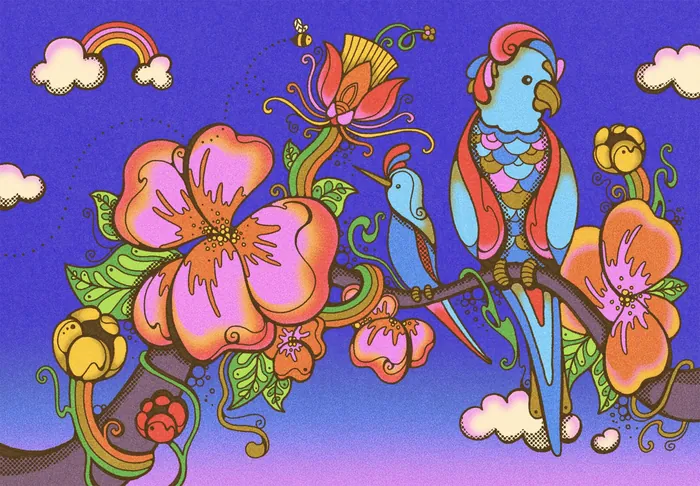 Two colorful exotic birds perched on a branch with flowers and ornate vines