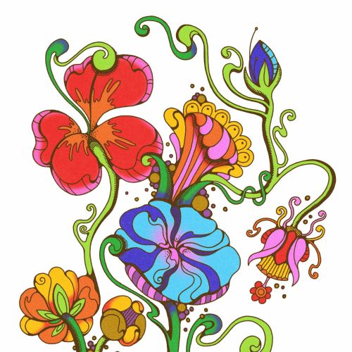 Colorful hand-drawn 1960s style flowers with ornate vines