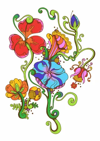 Colorful hand-drawn 1960s style flowers with ornate vines