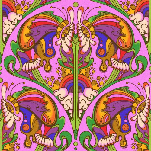 Colorful psychedelic pattern with butterflies, flowers, clouds, and rainbow