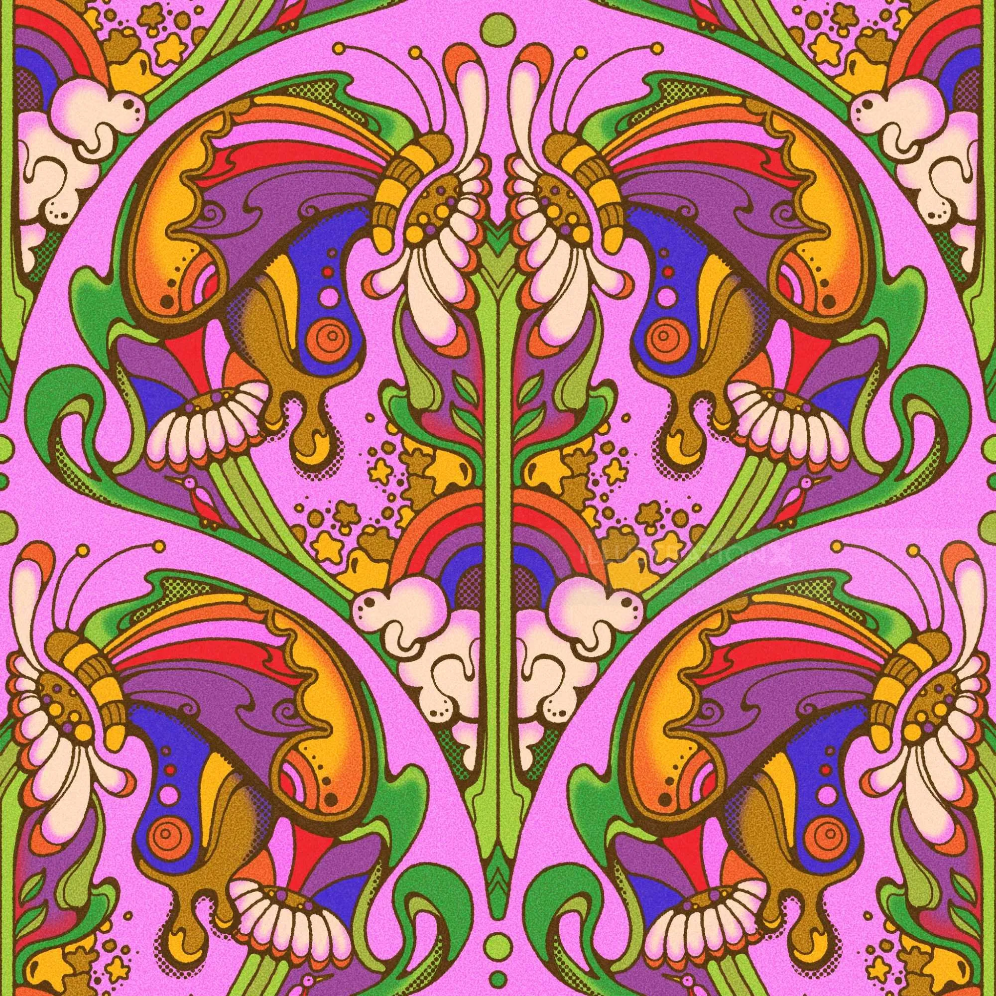 Colorful psychedelic pattern with butterflies, flowers, clouds, and rainbow