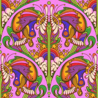 Colorful psychedelic pattern with butterflies, flowers, clouds, and rainbow