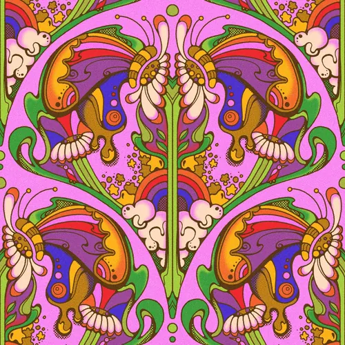 Colorful psychedelic pattern with butterflies, flowers, clouds, and rainbow