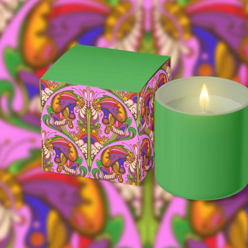 Green candle and colorful psychedelic box with butterflies and flowers