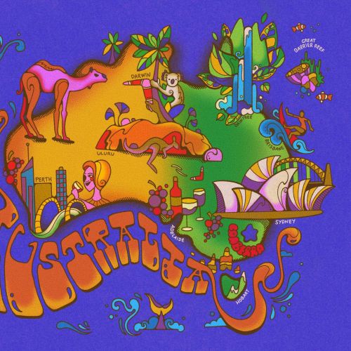 Colorful hand-drawn map of Australia with landmarks and animals