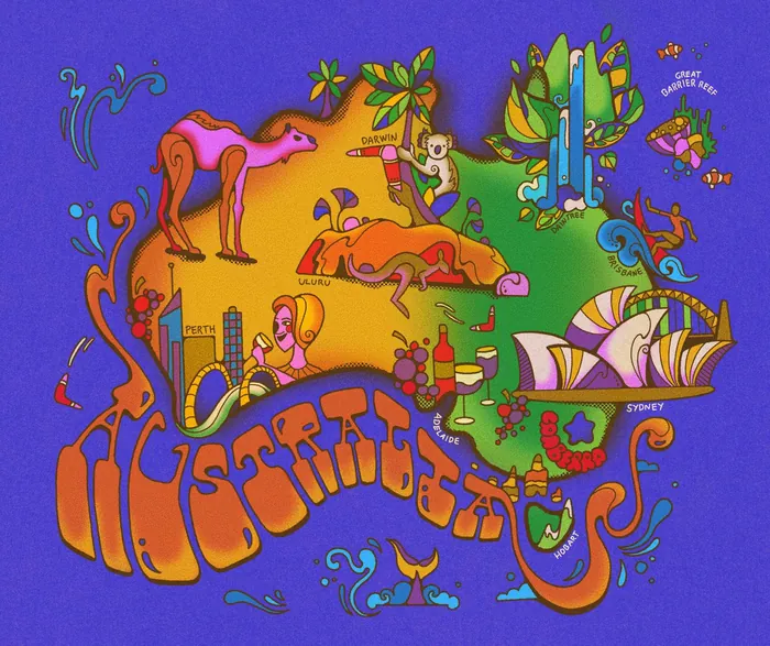 Colorful hand-drawn map of Australia with landmarks and animals