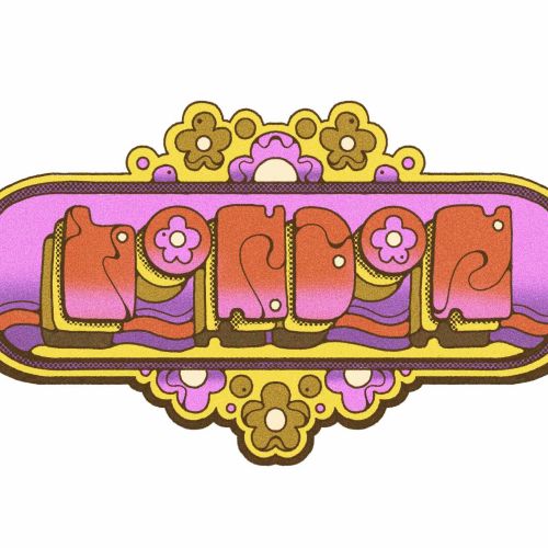 Retro style colorful London travel sticker with floral and river motifs