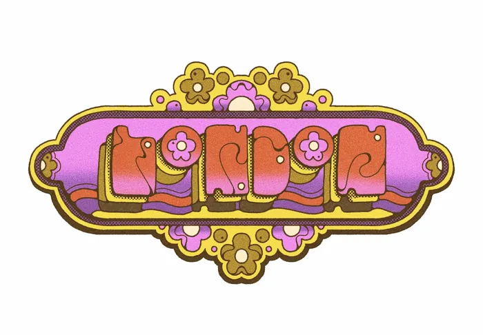 Retro style colorful London travel sticker with floral and river motifs