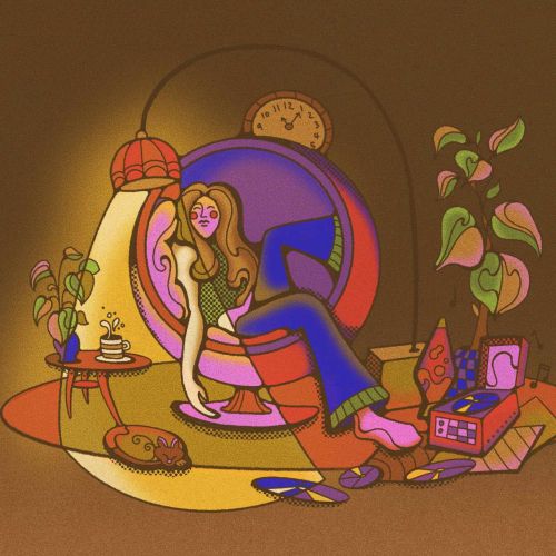 Woman relaxing in 1960s ball chair with cat and vinyl player