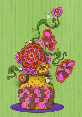 Bright ornamental vase with colorful hand-drawn flowers on green background