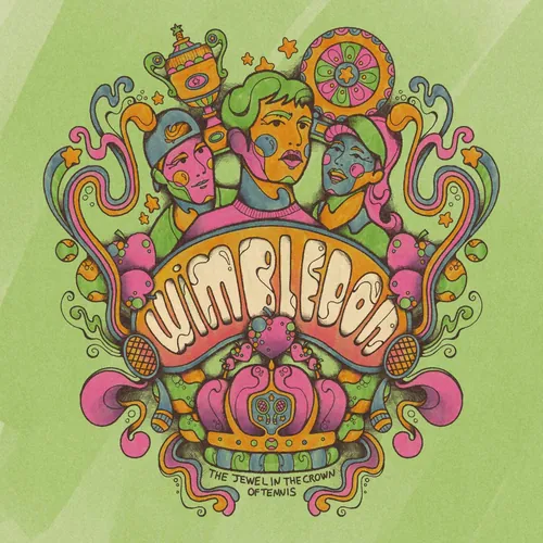 Psychedelic Wimbledon 2025 design with portraits and crown by Laura Greenan