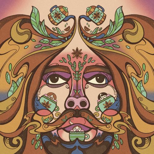Psychedelic face with teacups, flowers, and swirling patterns