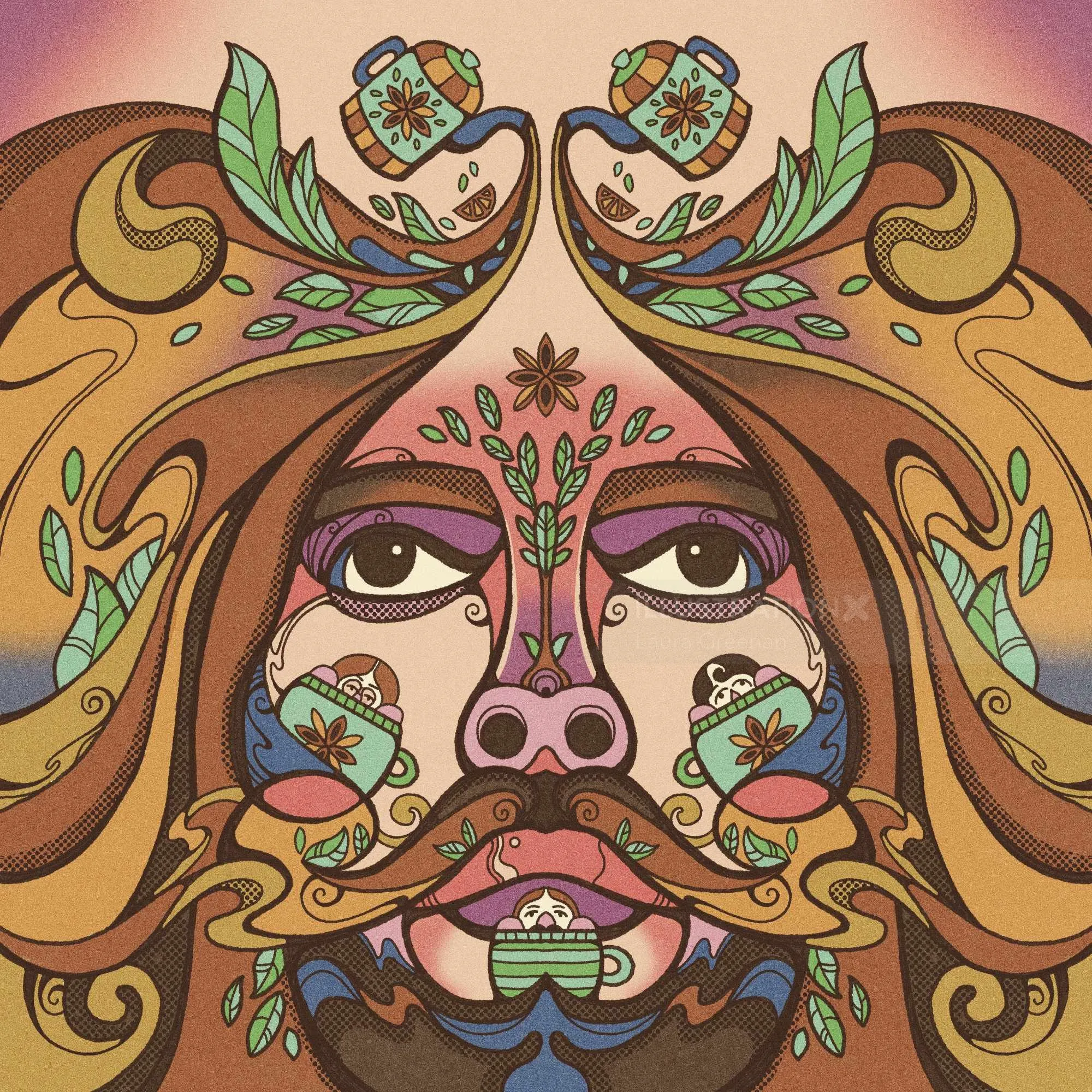 Psychedelic face with teacups, flowers, and swirling patterns