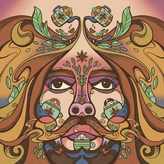Psychedelic face with teacups, flowers, and swirling patterns