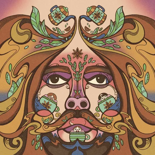 Psychedelic face with teacups, flowers, and swirling patterns