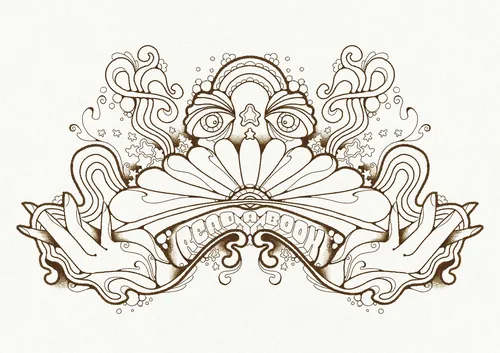 Retro 60s style psychedelic drawing with hands, eyes, stars, and text